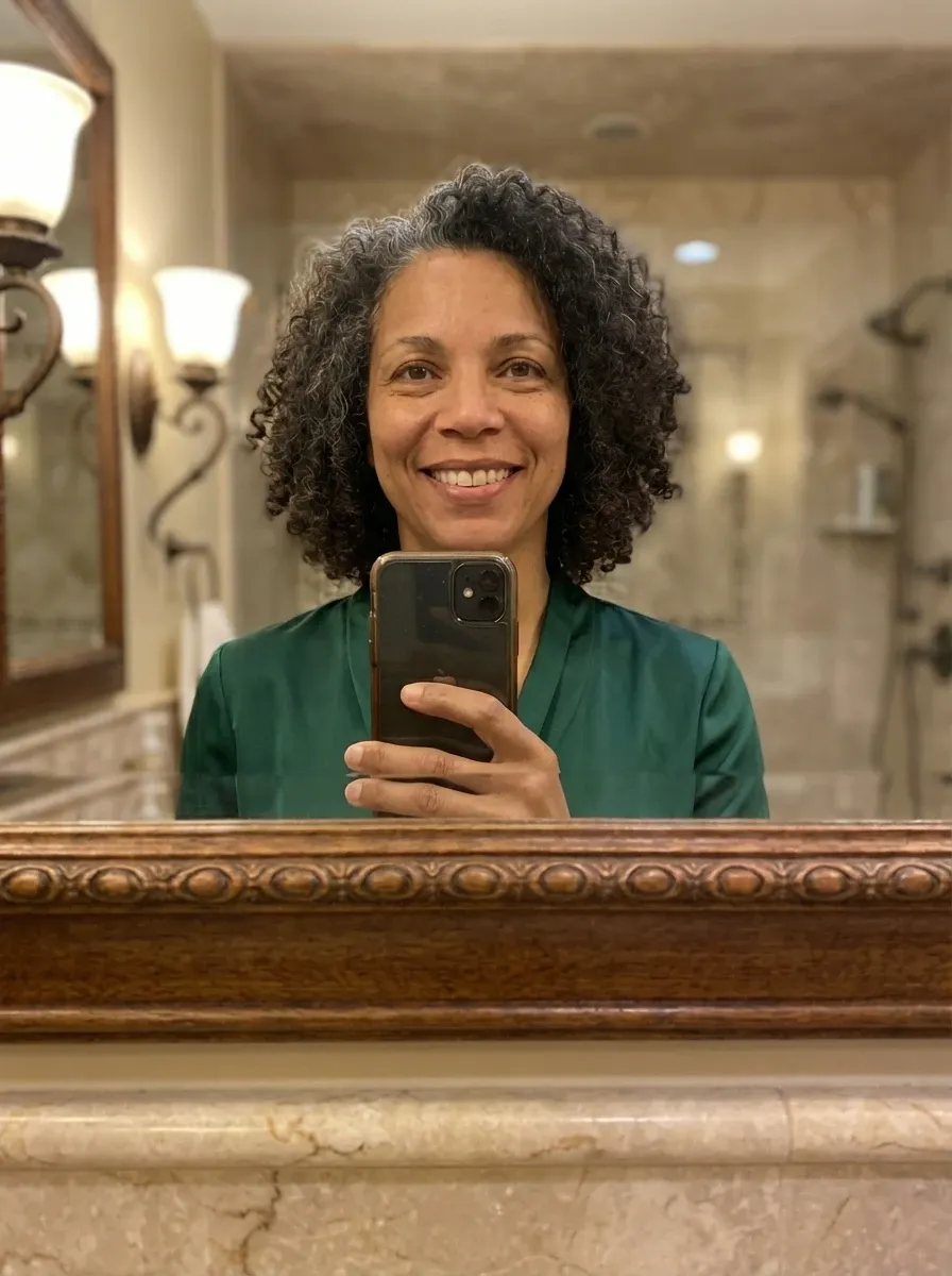 Original selfie input — woman in a green sweater, mirror selfie